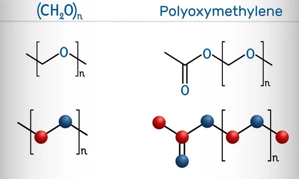 聚氧乙烷 Pom 聚乙醛 聚甲醛分子 它是合成聚合物 工程热塑性塑料 结构化学公式和分子模型 矢量说明 — 图库矢量图片