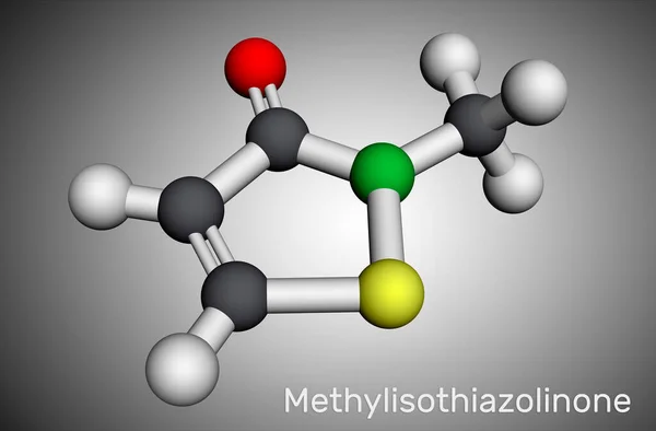 Metilisotiazolinona, MIT, molécula MI. Es conservante, potente biocida y conservante. Modelo molecular. Renderizado 3D — Foto de Stock