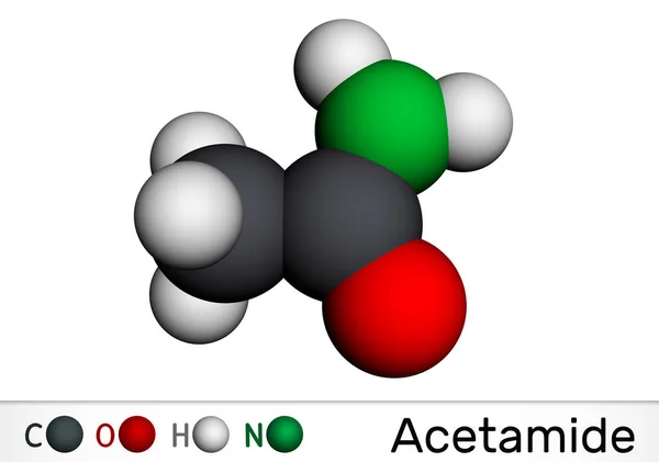 Ακεταμίδιο, μόριο αιθαναμιδίου. Είναι ένα μονοκαρβοξυλικό οξύ αμίδιο. Μοριακό μοντέλο. 3D απόδοση — Φωτογραφία Αρχείου