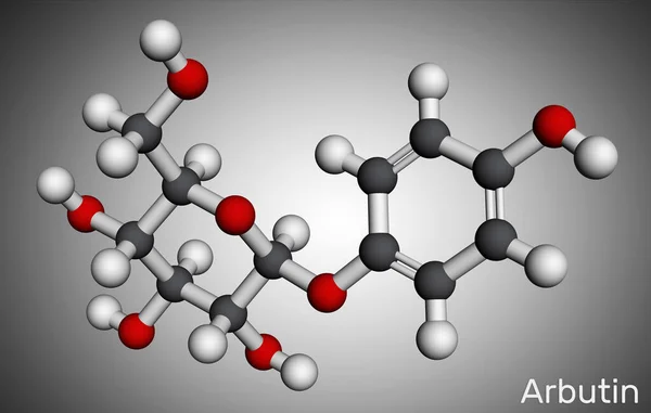 Arbutin, ursin, molécula de arbutoside. Es glucósido, se encuentra en alimentos, medicamentos de venta libre y suplementos dietéticos a base de hierbas. Modelo molecular. Renderizado 3D —  Fotos de Stock