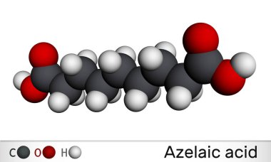 Azelaik asit, AzA, anediyonik olmayan asit molekülü. Doymuş dikarboksilik asit. Birkaç cilt hastalığına karşı etkilidir. Sivilce. Moleküler model. 3 boyutlu görüntüleme. 3B illüstrasyon