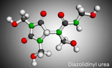 Diazolidinil ürea molekülü. Bu antimikrobiyal koruyucu. Birçok kozmetikte kullanılır. Moleküler model. 3 boyutlu görüntüleme. 3B illüstrasyon