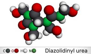 Diazolidinil ürea molekülü. Bu antimikrobiyal koruyucu. Birçok kozmetikte kullanılır. Moleküler model. 3 boyutlu görüntüleme. 3B illüstrasyon
