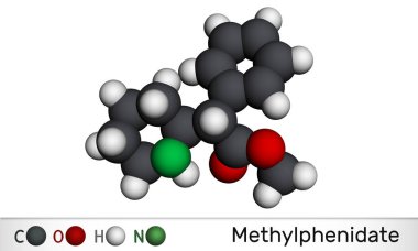 Metilfenidat, MP, MPH molekülü. Merkezi sinir sistemi uyarıcısı. Dikkat Eksikliği Hiperaktivite Bozukluğu, ADHD tedavisinde kullanılır. Moleküler model. 3 boyutlu görüntüleme. 3B illüstrasyon