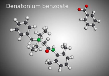Denatonyum benzoat molekülü. Bilim tarafından bilinen en acı tatlara sahip bileşik. Moleküler model. 3 boyutlu görüntüleme. 3B illüstrasyon
