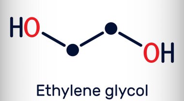 Etilen glikol, diol molekülü. Polyester liflerin üretimi ve antifriz formülleri için kullanılır. İskelet kimyasal formülü. Vektör illüstrasyonu
