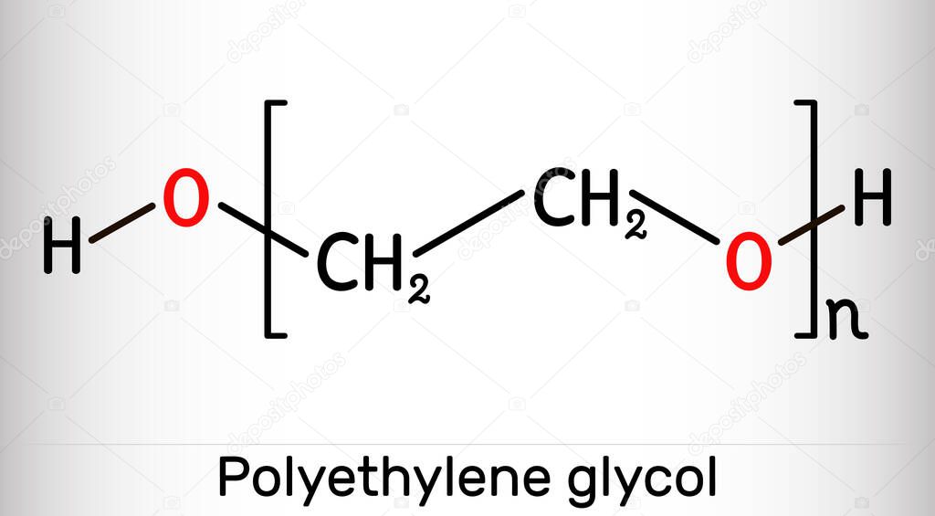 Polyethylene glycol, PEG, polyethylene oxide, PEO, polyoxyethylene, POE molecule. It is versatile polyether, E1521. Structural chemical formula and molecule model. Vector illustration