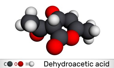 Dehidrasetik asit molekülü. Keton, mantar ilacı, antibakteriyel madde, plastikleştirici, E265. Moleküler model. 3 boyutlu görüntüleme. Görüntü 