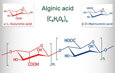 Aljinik asit, hizalama, aljinat molekülü. Polisakkarit, gıda katkı maddesi E401. Yapısal kimyasal formül. Vektör illüstrasyonu