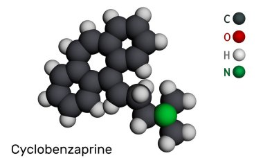 Siklobenzaprin, molekül. Merkezi etki gösteren kas gevşetici. Moleküler model. 3 boyutlu görüntüleme. Görüntü