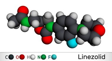 Linezolid molekülü. Staphylococcus aureus, MRSA gibi enfeksiyonların tedavisinde kullanılan sentetik bir antibiyotiktir. Moleküler model. 3 boyutlu görüntüleme. 3B illüstrasyon