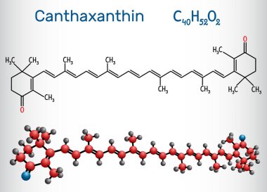 Canthaxanthin, molekül. Karotenon, keto-karotenoid, terpenoid, biyolojik pigment, gıda boyama E161g, mantar metabolit. Yapısal kimyasal formül ve molekül modeli. Vektör illüstrasyonu