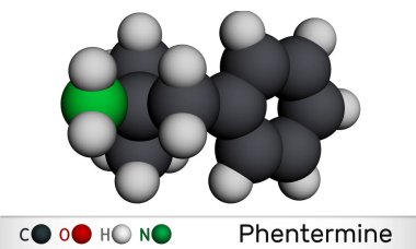 Phentermine, molekül. Bu doğal monoamin alkaloit türevi, iştah kesicili sempatik uyarıcı. Moleküler model. 3 boyutlu görüntüleme. 3B illüstrasyon