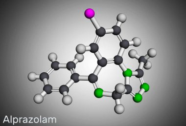 Alprazolam, molekül. Benzodiazepin, anksiyete edici, yatıştırıcı, hipnotik ve antikonvülsan aktiviteli kısa etkili sakinleştirici. Moleküler model. 3 boyutlu görüntüleme. 3B illüstrasyon