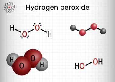 Hidrojen Peroksit, perhidrol, H2O2 molekülü. Peroksit, dezenfektan, antiviral ve anti bakteriyel aktivitelerle oksitlendirici bir madde. Kafesteki bir kağıt parçası. Vektör illüstrasyonu