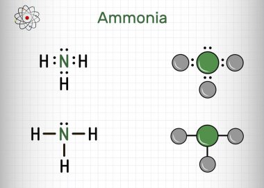 Amonyak, NH3 molekülü. Bu pniktojen hidrattır, tek bir nitrojen atomundan oluşan inorganik bileşiktir, üç hidrojen atomuna kovalent olarak bağlanmıştır. Yapısal formül, molekül modeli. Vektör illüstrasyonu