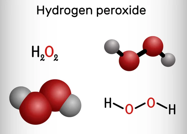 Hidrojen Peroksit, perhidrol, H2O2 molekülü. Peroksit, dezenfektan, antiviral ve anti bakteriyel aktivitelerle oksitlendirici bir madde. Yapısal kimyasal formül, molekül modeli. Vektör illüstrasyonu