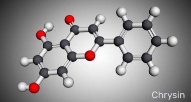 Chrysin, Chrysine molekülü. Bal, propolis, tutku çiçekleri Passiflora caerulea 'da bulunur. Moleküler model. 3 boyutlu görüntüleme. 3B illüstrasyon