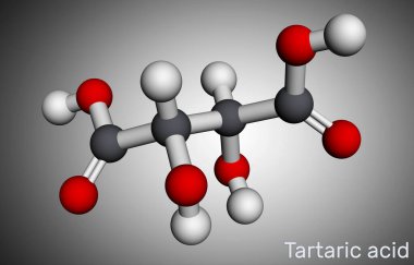 Tartarik asit, dekstrotartarik, levotartarik asit molekülü. Antioksidan E334, üzümlerde, muzlarda, tamarindlerde, narenciyelerde görülür. Moleküler model. 3 boyutlu görüntüleme. 3B illüstrasyon