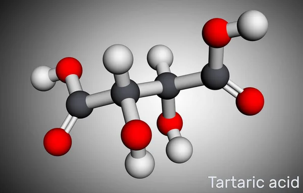 酒石酸 酒石酸 酒石酸分子 它是抗氧化剂E334 存在于葡萄 罗望子 柑橘中 分子模型 3D渲染 3D插图 — 图库照片