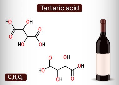 Tartaric acid molecule and bottle of wine. It is antioxidant E334, occurs in grapes, bananas, tamarinds, citrus. Skeletal chemical formula. Vector illustration clipart