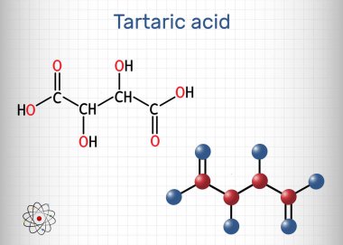 Tartaric acid, dextrotartaric, levotartaric acid molecule. It is antioxidant E334, occurs in grapes, bananas, tamarinds, citrus. Sheet of paper in a cage. Vector illustration clipart