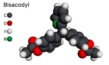 Bisacodyl, bisakodil molekülü. Kabızlığın tedavisi için uyarıcı müshil ilacı, nörojenik bağırsak yetmezliği. Moleküler model. 3 boyutlu görüntüleme. 3B illüstrasyon