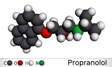 Propranolol molekülü. Sentetik, seçici olmayan bir beta engelleyici. Hipertansiyon tedavisinde kullanılır. Moleküler model. 3 boyutlu görüntüleme. 3B illüstrasyon