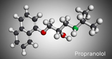 Propranolol molekülü. Sentetik, seçici olmayan bir beta engelleyici. Hipertansiyon tedavisinde kullanılır. Moleküler model. 3 boyutlu görüntüleme. 3B illüstrasyon