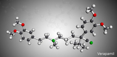 Verapamil molekülü. Yüksek tansiyon, kalp aritmisi ve anjinin tedavisinde kullanılan kalsiyum kanal blokörü. Moleküler model. 3 boyutlu görüntüleme. 3B illüstrasyon