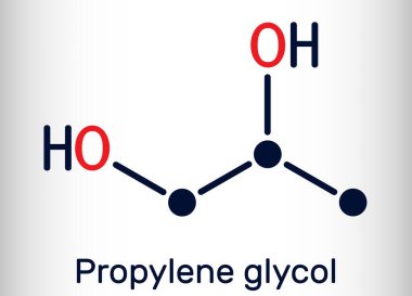 Propilen glikol (1,2-propanediol, propan-1,2-diol) molekülü. Propanediol, nem, antifriz, gıda katkı maddesi, E1520. İskelet kimyasal formülü. Vektör illüstrasyonu