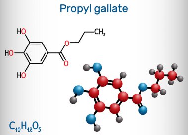 Propyl gallate, N-Propyl gallate molecule. It is antioxidant, food additive, E310. Structural chemical formula and molecule model. Vector illustration clipart