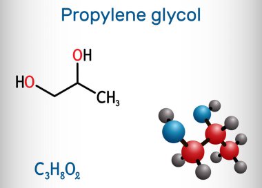 Propilen glikol (1,2-propanediol, propan-1,2-diol) molekülü. Ben...