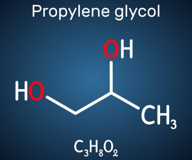 Propilen glikol (1,2-propanediol, propan-1,2-diol) molekülü. Propanediol, nem, antifriz, gıda katkı maddesi, E1520. Koyu mavi arkaplanda yapısal kimyasal formül. Vektör illüstrasyonu