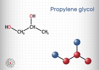Propilen glikol (1,2-propanediol, propan-1,2-diol) molekülü. Propanediol, nem, antifriz, gıda katkı maddesi, E1520. Kafesteki bir kağıt parçası. Vektör illüstrasyonu