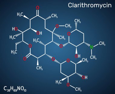 Clarithromycin molekülü. Antibakteriyel bir ilaç, yarı sentetik makrolit antibiyotik eritromisin kaynaklı. Koyu mavi arkaplanda yapısal kimyasal formül. Vektör illüstrasyonu