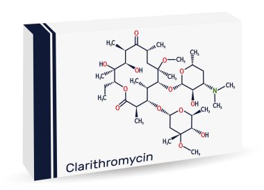 Clarithromycin molekülü. Antibakteriyel bir ilaç, yarı sentetik makrolit antibiyotik eritromisin kaynaklı. Uyuşturucu için kağıt ambalaj. Vektör illüstrasyonu