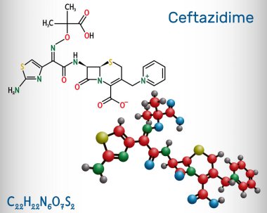 Ceftazidime molekülü. Bu sefalosporin, yarı sentetik, antibakteriyel, sefaloridinden türetilmiş bir antibiyotik. Yapısal kimyasal formül ve molekül modeli. Vektör illüstrasyonu