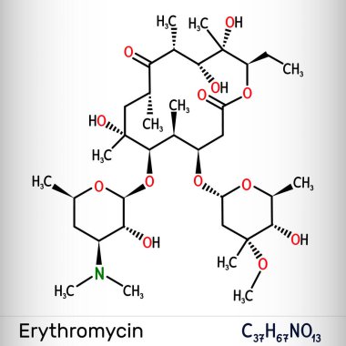 Eritromisin molekülü. Bakteriostatik antibiyotik. Makrolit grubuna ait. Yapısal kimyasal formül ve molekül modeli. Vektör illüstrasyonu