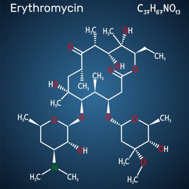 Eritromisin molekülü. Bakteriostatik antibiyotik. Makrolit grubuna ait. Koyu mavi arkaplanda yapısal kimyasal formül. Vektör illüstrasyonu