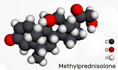 Metilprednizolon molekülü. Sentetik kortikosteroid, prednisolone türevli glukokortikoid. Moleküler model. 3 boyutlu görüntüleme. Görüntü