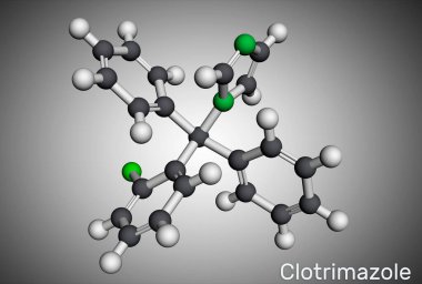 Plotrimazol ilaç molekülü. Bu imidazol antimikotik, mantar önleyici bir madde. Deri tedavisinde, oral, vajinal Kanada enfeksiyonlarında kullanılır. Moleküler model. 3 boyutlu görüntüleme. Görüntü
