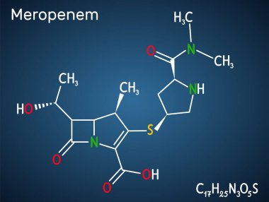 Meropenem molekülü. Geniş spektrumlu bir karbapenem antibiyotiği. Koyu mavi arka planda yapısal kimyasal formül ve molekül modeli. Vektör illüstrasyonu