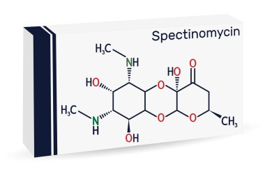 Spektinomisin molekülü. Pyranobenzodioxin, aminocyclitol aminoglycoside antibiyotiği. Belsoğukluğu tedavisinde kullanılır. İskelet kimyasal formülü. Uyuşturucu için kağıt ambalaj. Vektör illüstrasyonu