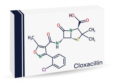 Cloxacillin molekülü. Antibakteriyel ilaç, yarı sentetik beta-laktamaz dirençli penisilin antibiyotiği. Uyuşturucu için kağıt ambalaj. Vektör çizimi. Vektör illüstrasyonu