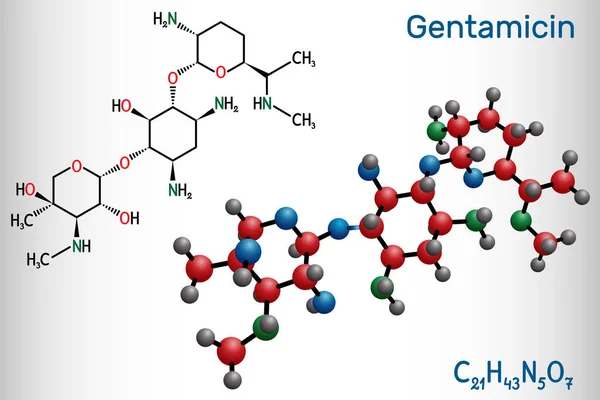 Molekula Gentamicinu Širokospektré Aminoglykosidové Antibiotikum Strukturální Chemický Vzorec Molekulový Model — Stockový vektor