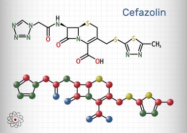 Cefazolin, sefazoline, cephazolin molekülü. Beta-laktam antibiyotik, ilk nesil sefalosporin. Yapısal kimyasal formül ve molekül modeli. Kafesteki bir kağıt parçası. Vektör illüstrasyonu