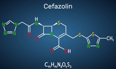 Cefazolin, sefazoline, cephazolin molekülü. Beta-laktam antibiyotik, ilk nesil sefalosporin. Koyu mavi arkaplanda yapısal kimyasal formül. Vektör illüstrasyonu