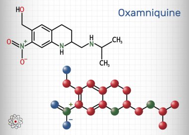 Oxamniki molekülü. Schistosoma mansoni 'ye karşı şistozomiazis' i tedavi etmek için kullanılan şistozomisid aktivitesi olan quinoline 'in bir üyesidir. Kafesteki bir kağıt parçası. Vektör illüstrasyonu