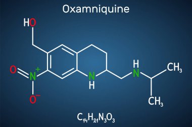 Oxamniki molekülü. Schistosoma mansoni 'ye karşı şistozomiazis' i tedavi etmek için kullanılan şistozomisid aktivitesi olan quinoline 'in bir üyesidir. Koyu mavi arka plan. Vektör illüstrasyonu